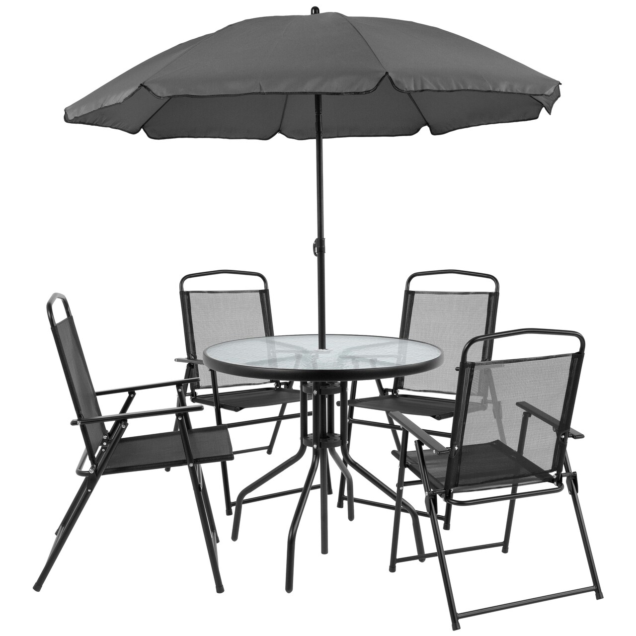 Emma and Oliver 6 Piece Patio Garden Set with Table, Umbrella and 4 Folding Chairs